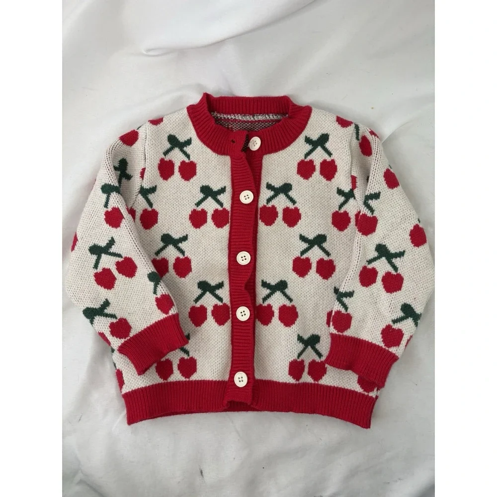 Mikistory Baby‎ Girl 12-18m Knit Cardigan Sweater Cherry Cherries Button Down